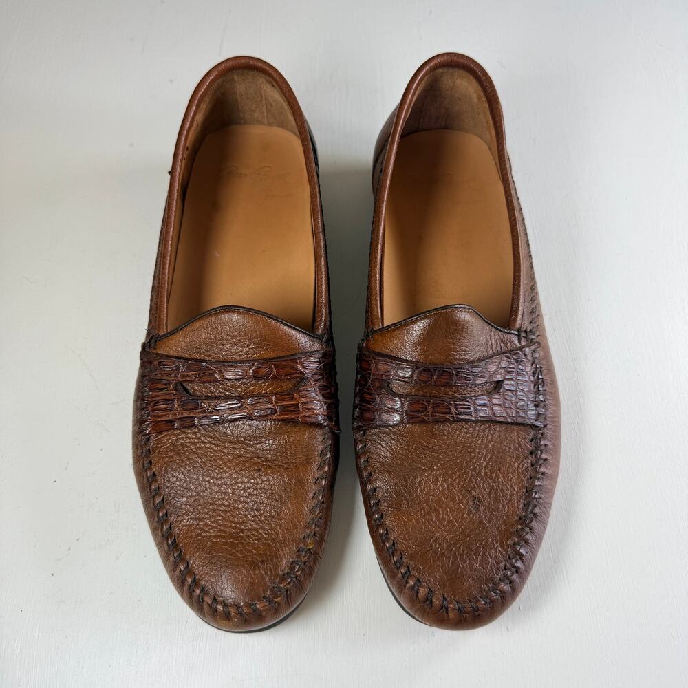 Alan Payne Crocodile Leather Penny Loafers Men's Size 9 Brown Dress Casual Shoes
